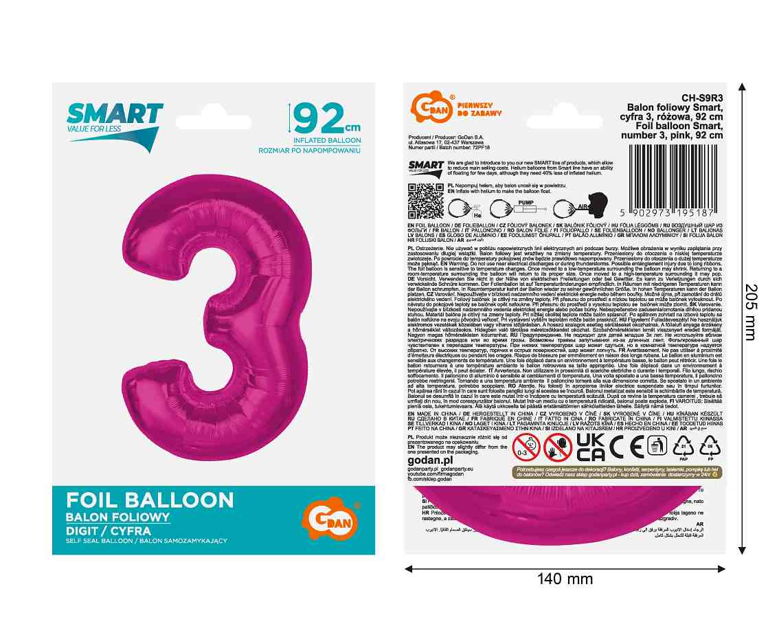 Balon foliowy Smart cyfra 3 różowa 92cm CH-S9R3 GoDan